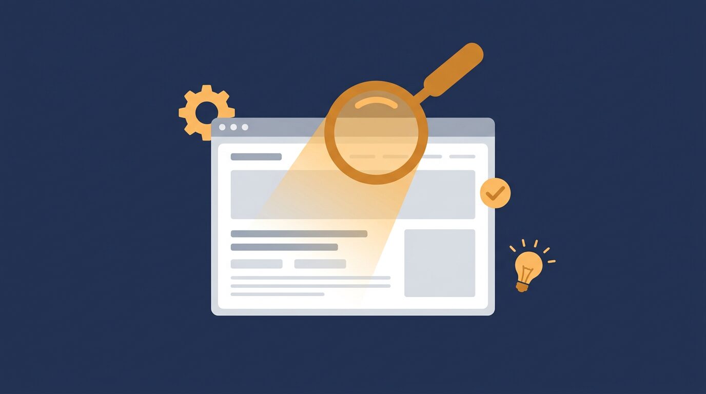 Illustratie van een seo checker met een vergrootglas over een website, ambergele accenten op donkerblauw.