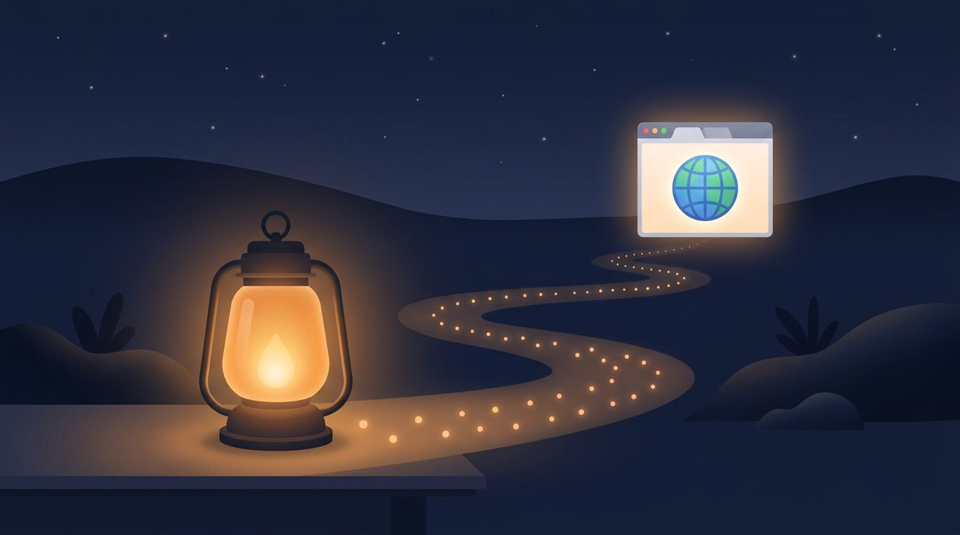 Illustratie van een lantaarn die een pad verlicht naar een website-icoon, symbool voor vindbaarheid website vergroten.