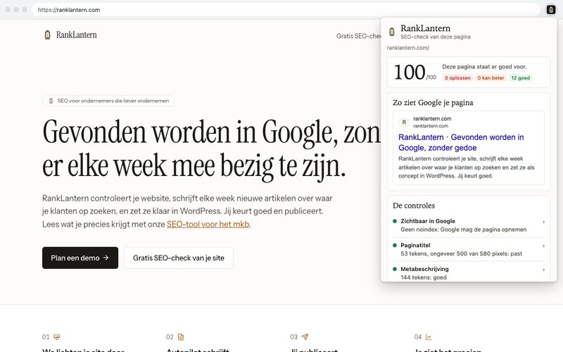 De extensie geopend op ranklantern.com: een score van 100, het voorbeeld in Google en de controles