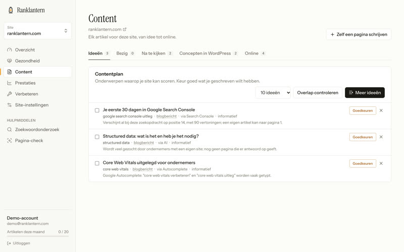RankLantern content plan with article ideas to approve